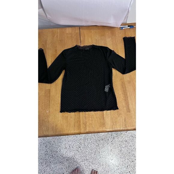 Zara Women's Mock Neck Lettuce Trim Polka Dot Mesh Top Blouse Black Size Small - Picture 2 of 10